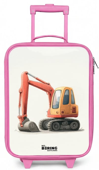 NoBoringSuitcases.com® - Kinderkoffer roze - Kindertrolley meisje - Graafmachine - Getekend - Oranje - Koffer kind lichtgewicht - Reiskoffer trolley voor kinderen - Koffertje met lichtgevende wieltjes - Rolkoffer