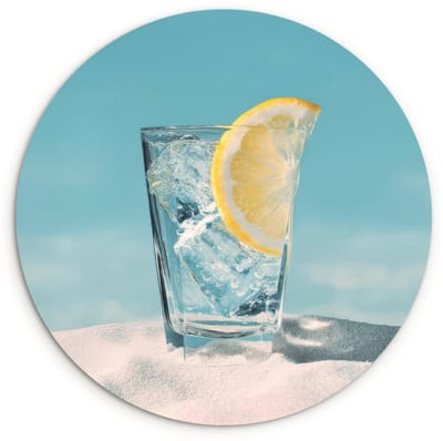 WallCircle® Wandcirkel 120x120 cm - Muurcirkel Glas - ijsblokjes - Citroen - Muurdecoratie woonkamer - Wanddecoratie slaapkamer - Kamer decoratie accessoires - Ronde schilderijen XXL