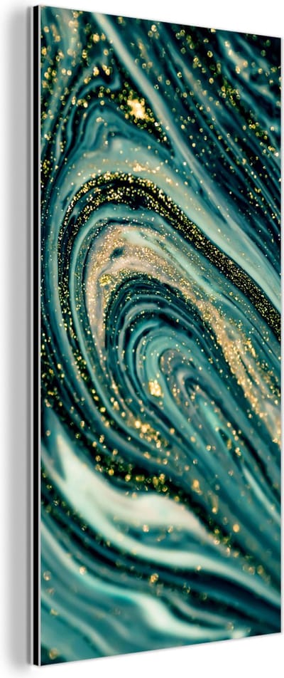 Wanddecoratie Metaal - Aluminium Schilderij Industrieel - Marmerlook - Luxe - Goud - Turquoise - Glitter - 80x160 cm - Dibond - Foto op aluminium - Industriële muurdecoratie - Voor de woonkamer/slaapkamer