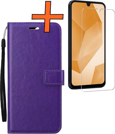 Hoes - Met Screenprotector - Geschikt voor Samsung Galaxy A16 - Luxe Pasjeshouder - Bookcase Portemonee - Flip Case - Kunstleer Book Case - Flipcase - Book Cover - Walletcase - PortemonneeHoes - Paars