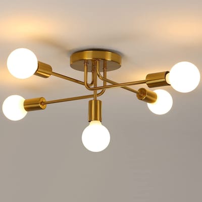 Haobosic - 5-lichts E27 plafondlamp - Industriële vintage lamp - Gouden metalen lamp - Geschikt voor woonkamer, keuken, slaapkamer - Energie-efficiëntieklasse E
