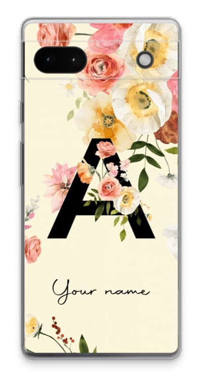 Gepersonaliseerd - Case Company® - Hoesje geschikt voor Google Pixel 6a hoesje - Flirty Flowers Monogram - Soft Cover Telefoonhoesje - Bescherming aan alle Kanten en Schermrand