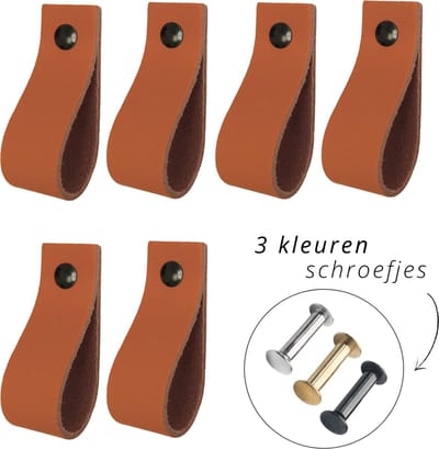 Handles and more - 6x Leren handgrepen lusjes - Cognac - XS (12,6cm) - incl. 3 kleuren schroefjes (handgreepjes - leren handgrepen - greepjes - leren lusjes)