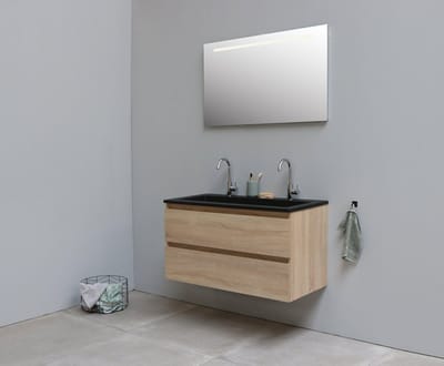 Basic Bella Badkamermeubelset - 100x55x46cm - 1 wasbak - Acryl - Zwart - 2 kraangaten - Wandspiegel met verlichting - MDF Eiken