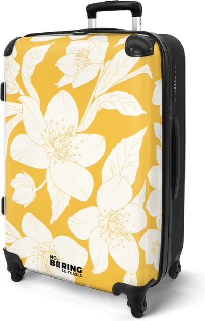 NoBoringSuitcases.com® - Ruimbagage reis koffer groot - Rolkoffer lichtgewicht - Geel met witte bloemen - Reiskoffer met 4 wielen - Vakantie valiezen volwassenen - Grote trolley XL - 20 kg bagage