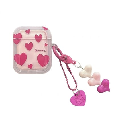Transparant roze hoesje voor oordopjes dames met hartjes design en decoratieve hanger geschikt voor AirPods 4 met kralen ketting en speels ontwerp