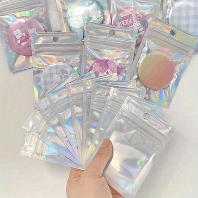Laser Tas Sieraden Tas Holografisch Transparante Ziplock Tas Afsluitbare Tas voor Monsters, Telefoonhoesje, Kabelverpakking 50 pcs gray