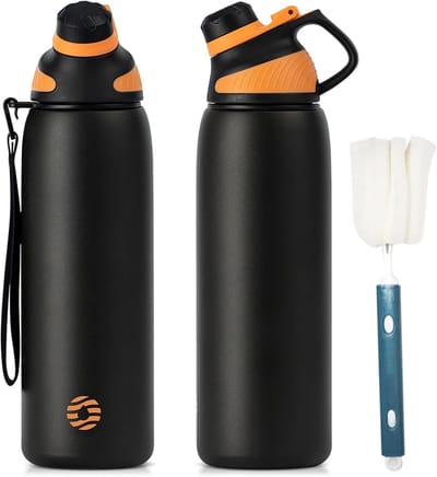 Famanu - RVS Waterfles Sport met Magnetische Dop – 1500ml, 1000ml, 800ml, 600ml, 400ml – BPA-vrij & Lekvrij – Geschikt voor Koolzuur – Thermosfles voor School, Fitness, Kinderen, 1L, zwart