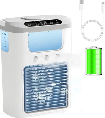 Airconditioning kleine draagbare mobiele airconditioning met accu, 4-in-1 7 kleuren nachtlampje, 3 snelheden en 3 mistmodi