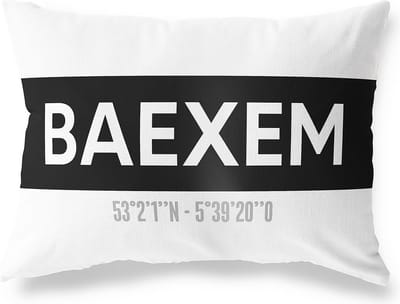 Tuinkussen BAEXEM - LIMBURG met coördinaten - Buitenkussen - Bootkussen - Weerbestendig - Jouw Plaats - Studio216 - Modern - Zwart-Wit - 50x30cm