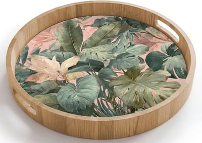 Dienblad rond 40x40 cm - Schootdienblad hout - Compositie van bladeren - Groen - Roze - Borrelplank rechthoek - Plateau houten dienbladen