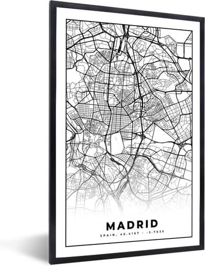 Fotolijst incl. Poster Zwart Wit- Madrid - Zwart Wit - Stadskaart - Plattegrond - Kaart - 40x60 cm - Posterlijst