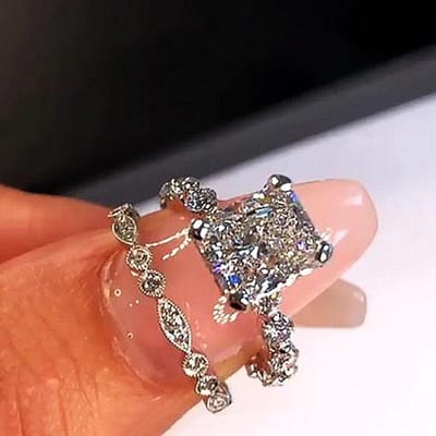 Huitan Creatieve Bruiloft Sets Ringen Dames Mode Dubbel Stapelbaar Ontwerp Schitterende Vierkante Witte Kubieke Zirconia Ring Sieraden 7 brown