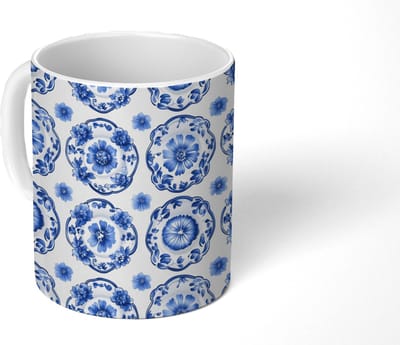 Mok - Koffiemok - Sierborden - Bloemen - Blauw - Mokken - 350 ML - Beker - Koffiemokken - Theemok