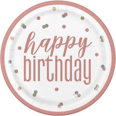 UNIQUE - 8 Happy Birthday kartonnen borden wit en roze met stippen 23 cm - Kartonnen feest bordjes voor verjaardag 8 stuks
