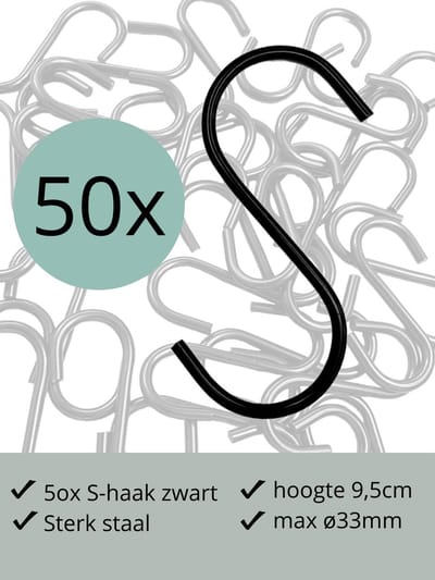 Leathergoodz - 50x S-haakjes Zwart - 9,5cm/groot - ø33mm - s-haakjes - ophanghaken - handdoekhaakje - S-haken