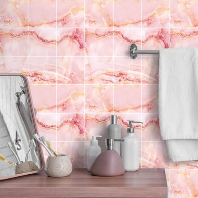 Zelfklevende tegelmuurstickers voor keuken en badkamer - 9 roze marmeren cementtegelstickers van Bonoa - 9 stickers van 15x15 cm