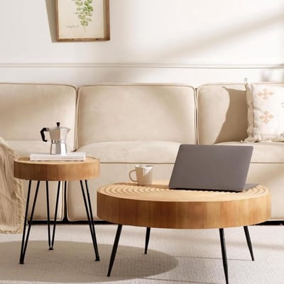 Ronde salontafel set van 2, woonkamertafel, rond hout in de vorm van een jaarwiel, ronde salontafel met zwarte metalen poten, salontafel in de woonkamer (diameter 77 x 36 cm, 40 x 47 cm)