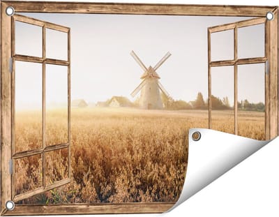 Gards Tuinposter Doorkijk Windmolen in het Veld - 60x40 cm - Tuindoek - Tuindecoratie - Wanddecoratie buiten - Tuinschilderij