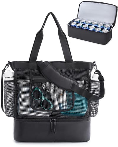 Dames Strandtas – Mesh Tote met Rits – Dames strandtas – Opvouwbaar en lichtgewicht– Voor Zwemmen, Cruise & Zwembad - Zwart
