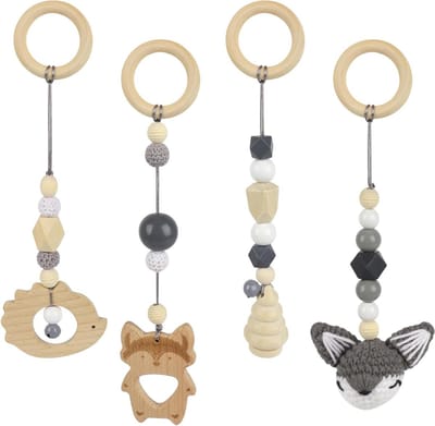Allecta - Speelboog babyspeelgoed voor babyzitje en kinderwagen met houten aanhanger. Functies: stimuleert spelen en beweging.