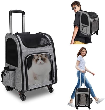 Dailygoods- Transportbox met wielen - Draagbaar - Trolley-rugzak - Ademend - Voor honden/katten tot 15 kg - Robuust en lichtgewicht - Dierenvervoer