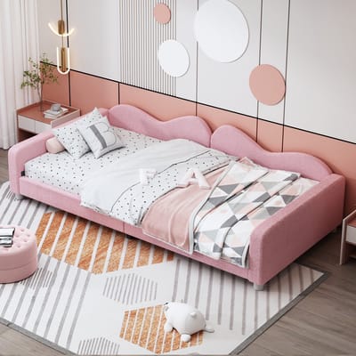 STILVORA Gestoffeerd Bed 90x200cm – Slaapbank Met Teddystof & Rugleuning – 12 Latten, Draagvermogen 120 Kg – MDF – Roze – Zonder Matras