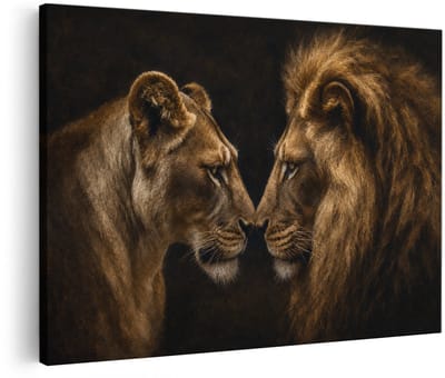 Artaza Canvas Schilderij Leeuw En Leeuwin - Dieren - Liefde In Donkere Sfeer - 30x20 cm - Klein - Wanddecoratie Woonkamer - Schilderijen - Muurdecoratie