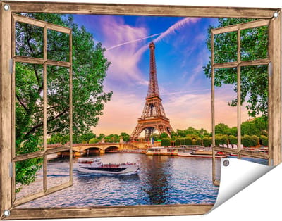 Gards Tuinposter Doorkijk Eiffeltoren in Parijs aan het Water - Kleur - 90x60 cm - Tuindoek - Tuindecoratie - Wanddecoratie buiten - Tuinschilderij