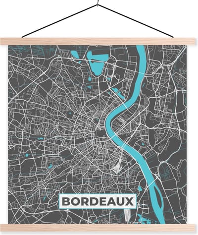Posterhanger incl. Poster 40x40 cm - Schoolplaat - Bordeaux - Frankrijk - Plattegrond - Kaart - Stadskaart - Textielposter - Blanke latten - Stadskaart