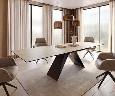 Eetkamertafel Edge keramiek Laminam® Sabbia eiken kleur 200-300x100 V-frame vlak staal zwart uitschuifbaar