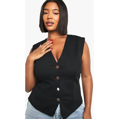 boohoo Dames Plus naaddetail taille gouden knoop vest | Black | Maat: 16