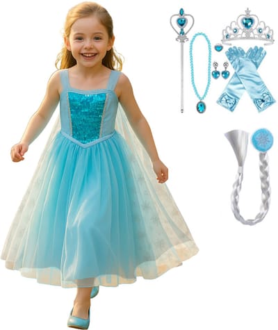 Joya Kids® Blauwe ijsprinses Prinsessenjurk meisje | Luxe Verkleedjurk + Accessoires set | Verkleedkleding | Prinsessen speelgoed | Carnaval | Cadeau Meisje Sinterklaas | Maat 134-140 (140)