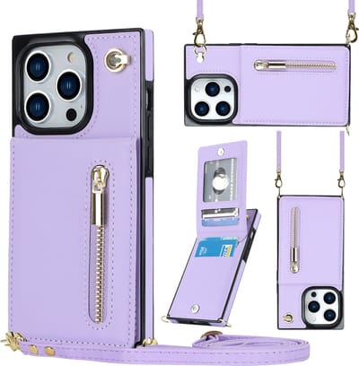 Multimedia & Accessoires Stijlvolle Leren Fashion Backcover Case Hoesje met Koord, Stand Ritsvak en Pasjeshouders geschikt voor Apple iPhone 15 Pro - Paars