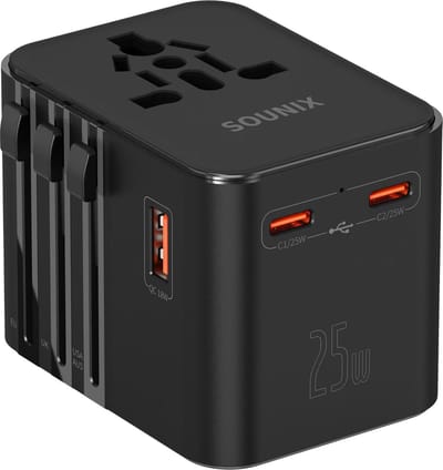 Sounix Reisstekker 200+ landen - Snellader 25w - Reisstekker - 1 USB A en 2 USB C - Zwart