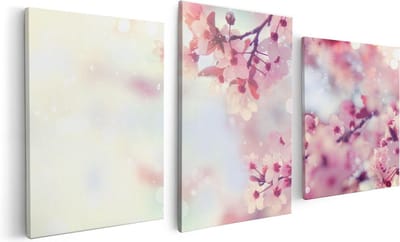 Artaza Canvas Schilderij Drieluik Roze Bloesemboom Met Zonneschijn - 120x60 cm - Wanddecoratie Woonkamer - Schilderijen - Muurdecoratie
