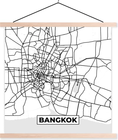 Posterhanger incl. Poster 40x40 cm - Schoolplaat - Bangkok - Stadskaart - Plattegrond - Zwart Wit - Kaart - Textielposter - Blanke latten - Stadskaart