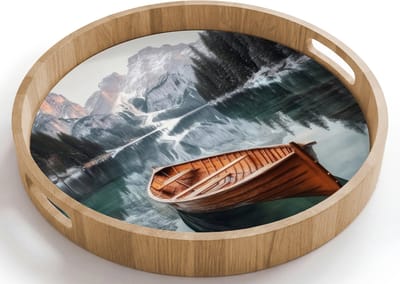 Dienblad rond 40x40 cm - Schootdienblad hout - Boot - Bergen - Natuur - Water - Borrelplank rechthoek - Plateau houten dienbladen