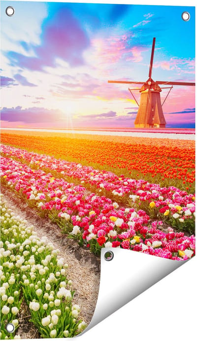Gards Tuinposter Kleurrijke Bloemenveld met een Windmolen - 40x60 cm - Tuindoek - Tuindecoratie - Wanddecoratie buiten - Tuinschilderij