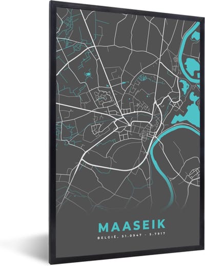 Fotolijst incl. Poster - Plattegrond – Maaseik – Blauw – Stadskaart - Kaart - 40x60 cm - Posterlijst