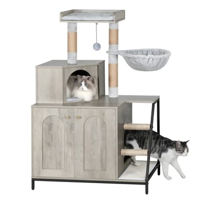 Kattenkrabpaal met Kattenbak Kast – Voor Binnenkatten – 4-in-1 Kattenhuis met Platform, Trap en Speelbal – Modern Design – Grijs