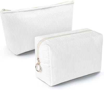 Cosmetica Tas Set voor Vrouwen - 2 Stuks Corduroy Make-up Tassen voor Reizen, Grijs/Wit, Casual Gebruik