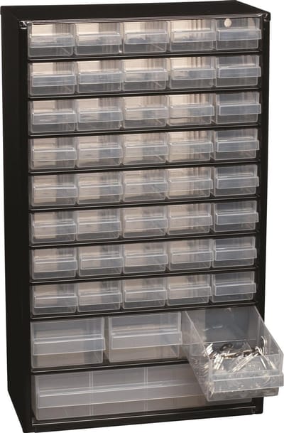 Raaco Ladekast met 44 lades - Metalen Assortimentskast - Opbergsysteem voor o.a. schroeven en bouten - Kan aan de muur bevestigd worden - Incl. 10 tussenschotjes - 150x510x303 mm