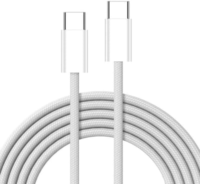 USB C nylon gevlochten kabel 1 Meter - USB-C stekker naar USB-C - 66W, snelle oplaadkabel - wit - Geschikt voor o.a. Apple iPhone 15/16 en Samsung