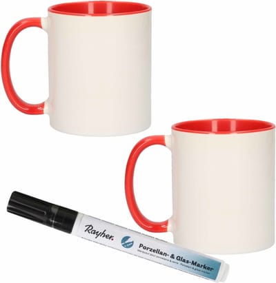 2x stuks rood/witte drink mokken van keramiek met een zwarte porseleijn marker stift - Maak uw eigen mokken