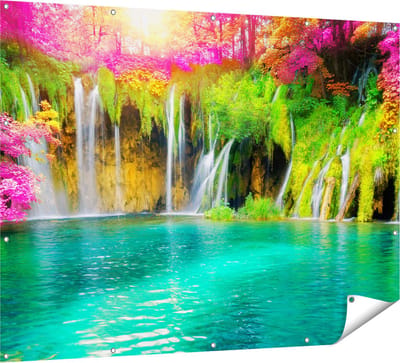 Gards Tuinposter Waterval met Roze en Groene Bloemen - 160x120 cm - Tuindoek - Tuindecoratie - Wanddecoratie buiten - Tuinschilderij