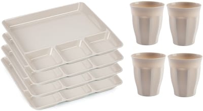 Plasticforte Vakjesborden 4x - met bekers 4x - beige - kunststof - gourmetborden - bbq borden - servies