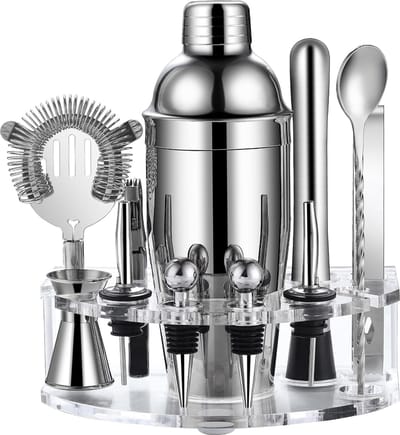 Cocktailshakerset met acrylstandaard, 12-delige cocktailset van roestvrij staal, professionele barset, cocktailaccessoires, cadeaus voor vrouwen, mannen, cocktailliefhebbers, thuisbenodigdheden