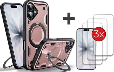Hoesje Geschikt voor iPhone 17 met 3 Stuks gehard glas Screenprotector - Armor hoes met Ringhouder - Arara backcover - Rosegoud