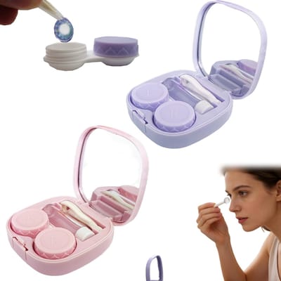 2-delige contactlenshouder - Gekleurde contactlenshouder - Aanbrengset voor contactlenzen - Vierkante opbergdoos voor contactlenzen - Inclusief spiegel en leeg flesje lenzenvloeistof - Voor binnen en buiten - Roze en paars (7*2,5 cm - lege houder)